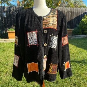 VTG Jacket Indigo Moon Women L Black Patchwork Boho Artsy Festival Fall Animal